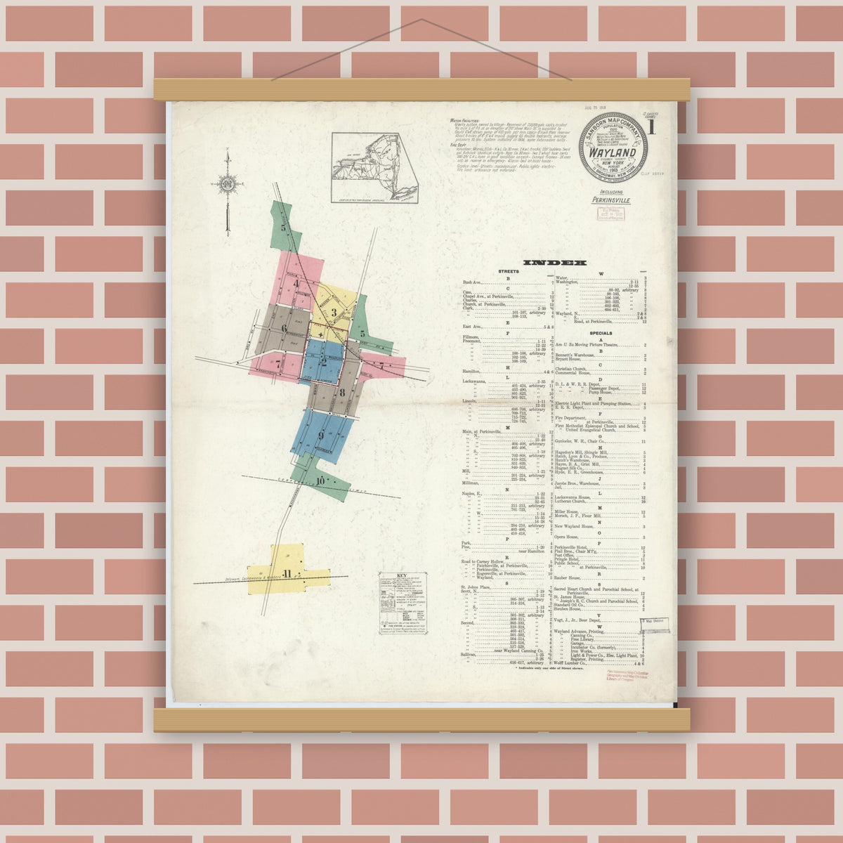 Old map wall art mockup — magnetic wood frame on brick wall — Sanborn Fire Insurance Map from Wayland, Steuben County, New York (1913) - Complete Map Set