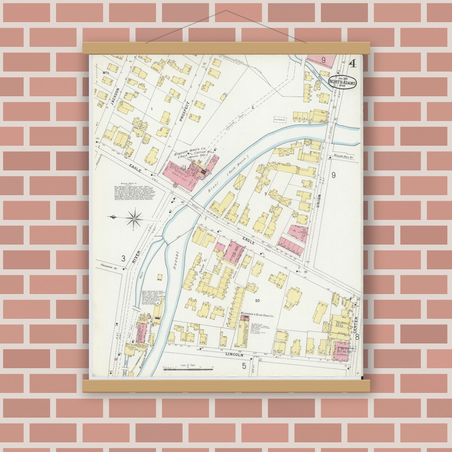 Old map wall art mockup — magnetic wood frame on brick wall — Sanborn Fire Insurance Map from North Adams, Berkshire County, Massachusetts (1897), Sheet #0004