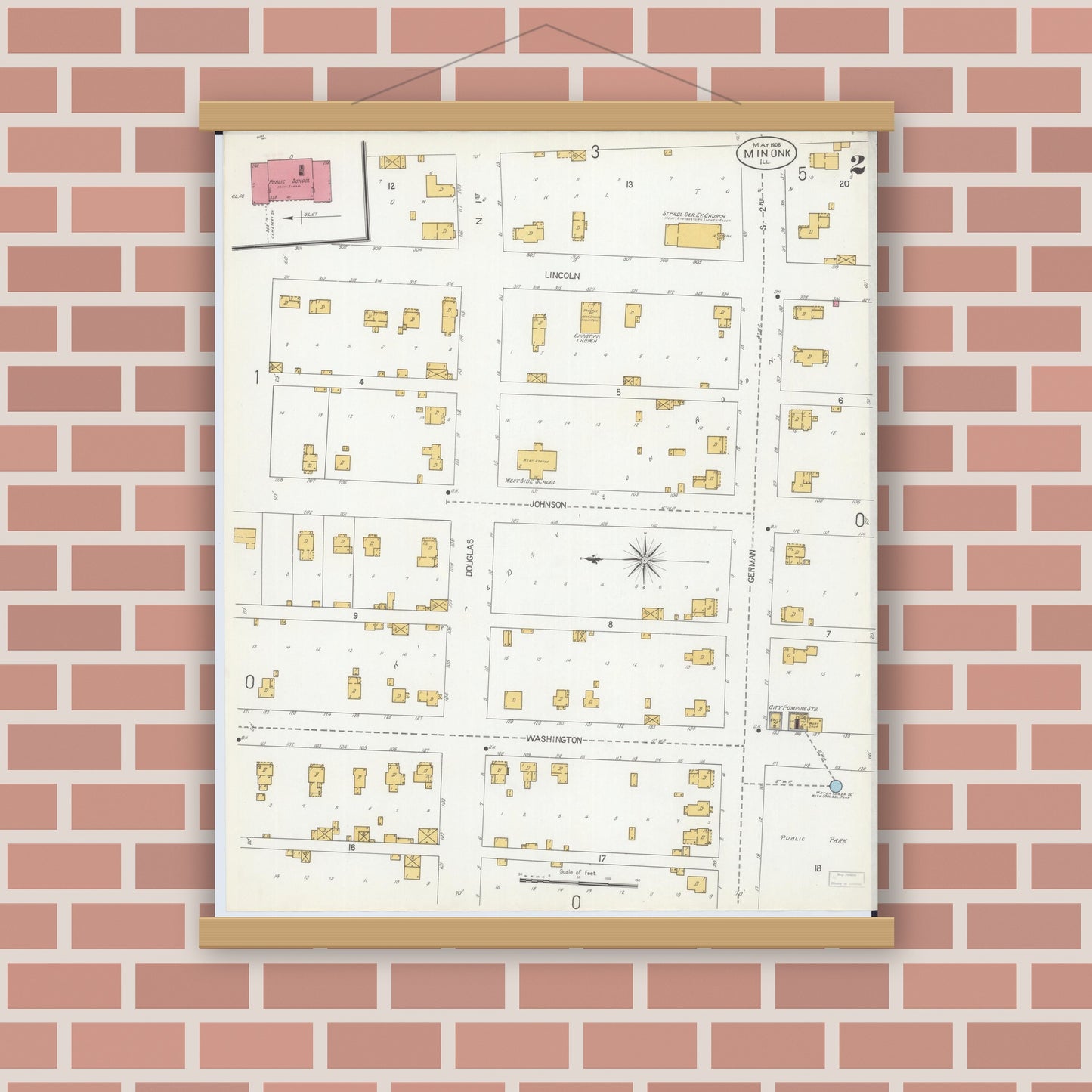 Old map wall art mockup — magnetic wood frame on brick wall — Sanborn Fire Insurance Map from Minonk, Woodford County, Illinois (1906), Sheet #0002