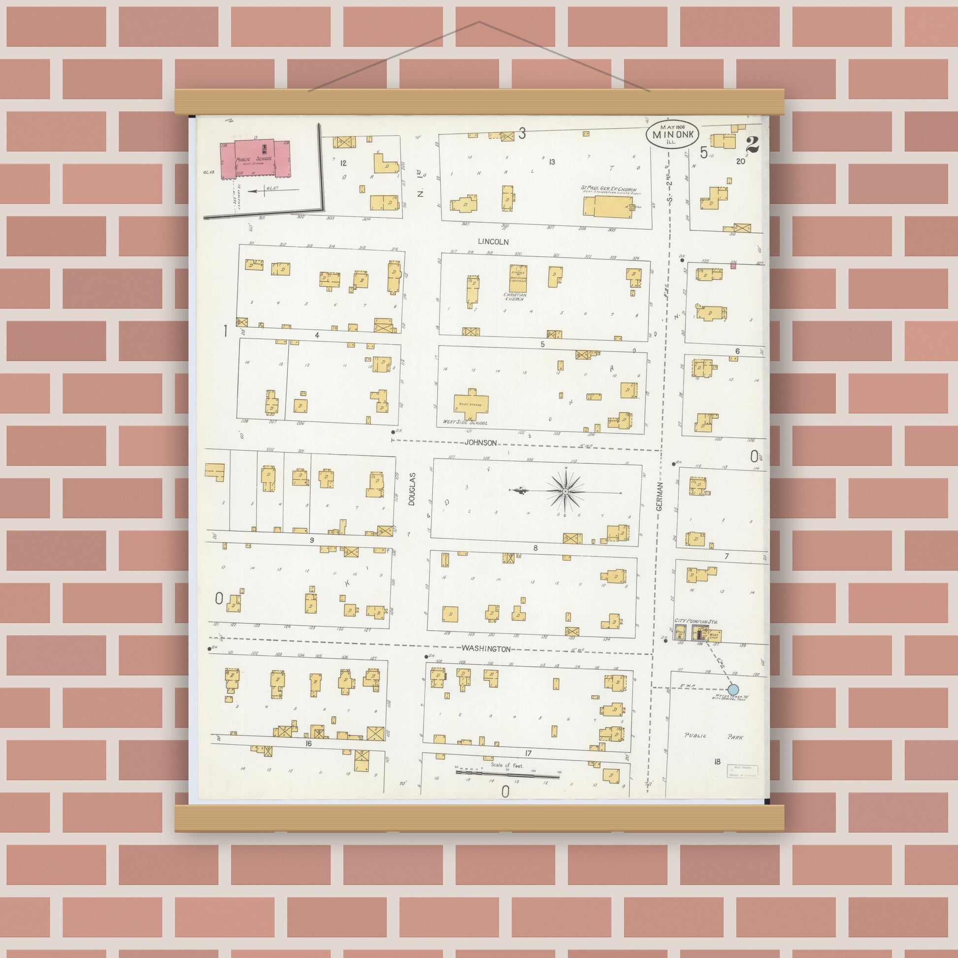 Old map wall art mockup — magnetic wood frame on brick wall — Sanborn Fire Insurance Map from Minonk, Woodford County, Illinois (1906), Sheet #0002