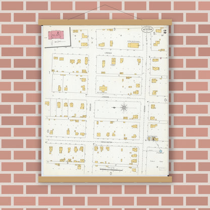 Old map wall art mockup — magnetic wood frame on brick wall — Sanborn Fire Insurance Map from Minonk, Woodford County, Illinois (1906), Sheet #0002