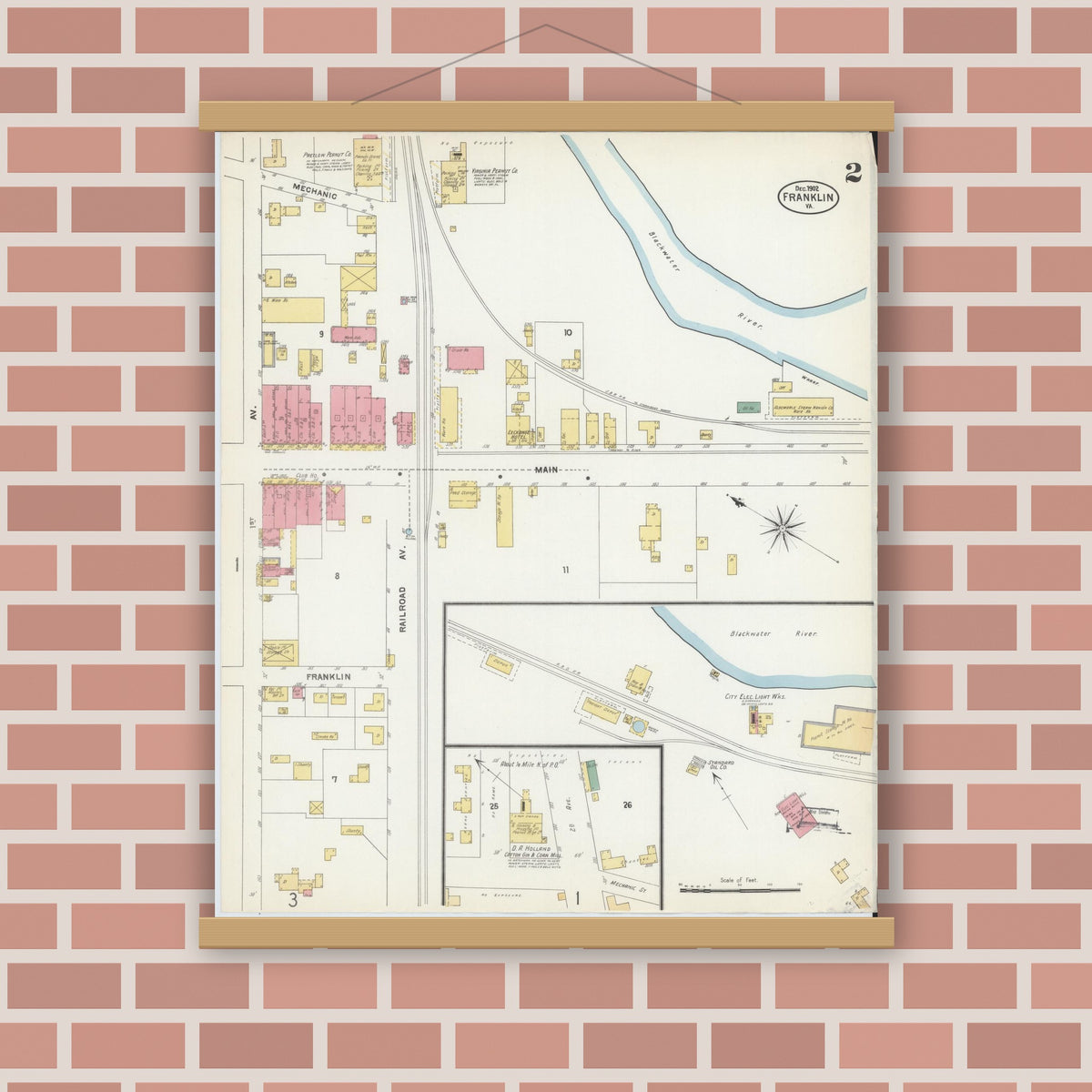 Old map wall art mockup — magnetic wood frame on brick wall — Sanborn Fire Insurance Map from Franklin, Independent Cities, Virginia (1902), Sheet #0002