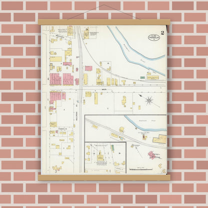 Old map wall art mockup — magnetic wood frame on brick wall — Sanborn Fire Insurance Map from Franklin, Independent Cities, Virginia (1902), Sheet #0002