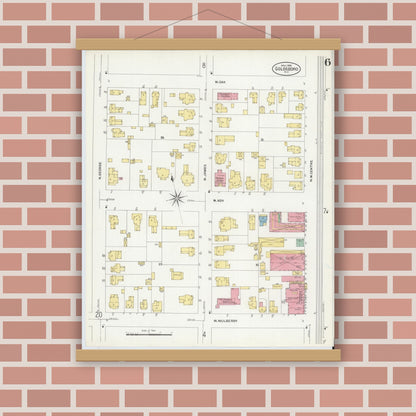 Old map wall art mockup — magnetic wood frame on brick wall — Sanborn Fire Insurance Map from Goldsboro, Wayne County, North Carolina (1908), Sheet #0006