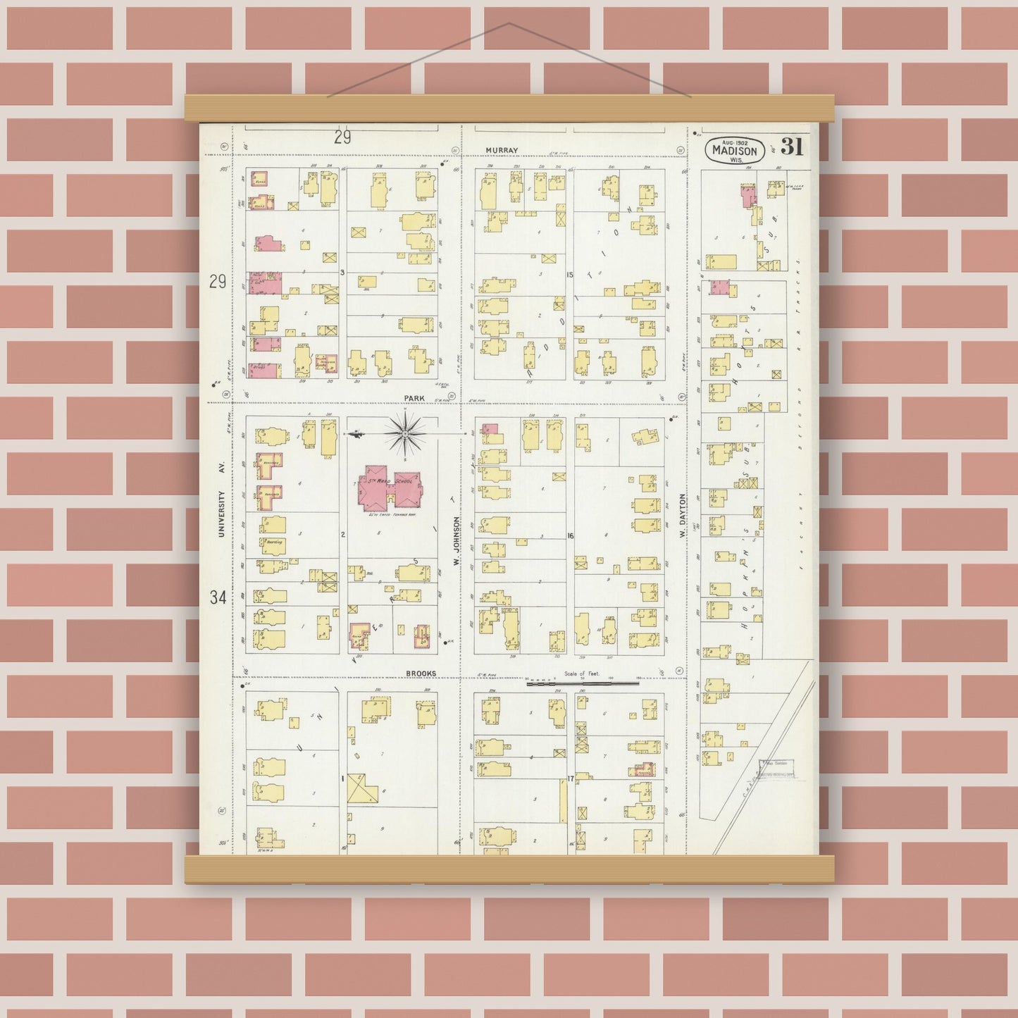 Old map wall art mockup — magnetic wood frame on brick wall — Sanborn Fire Insurance Map from Madison, Dane County, Wisconsin (1902), Sheet #0031