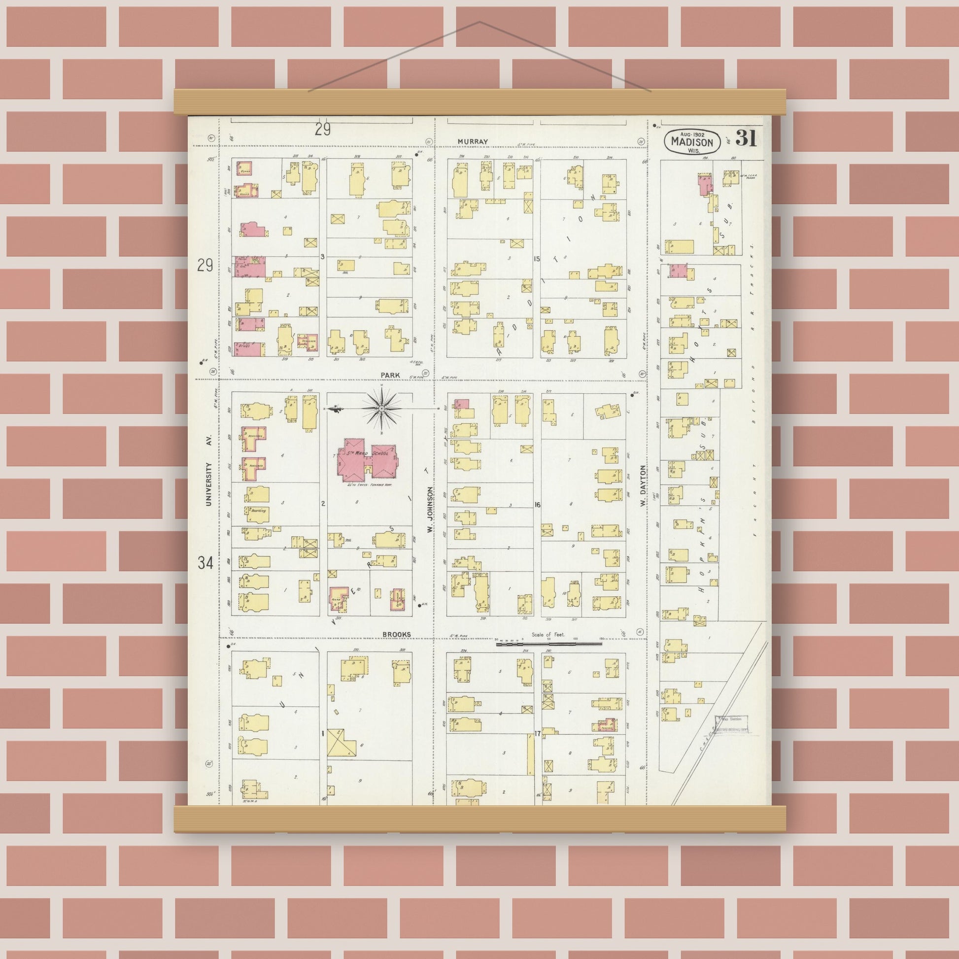 Old map wall art mockup — magnetic wood frame on brick wall — Sanborn Fire Insurance Map from Madison, Dane County, Wisconsin (1902), Sheet #0031