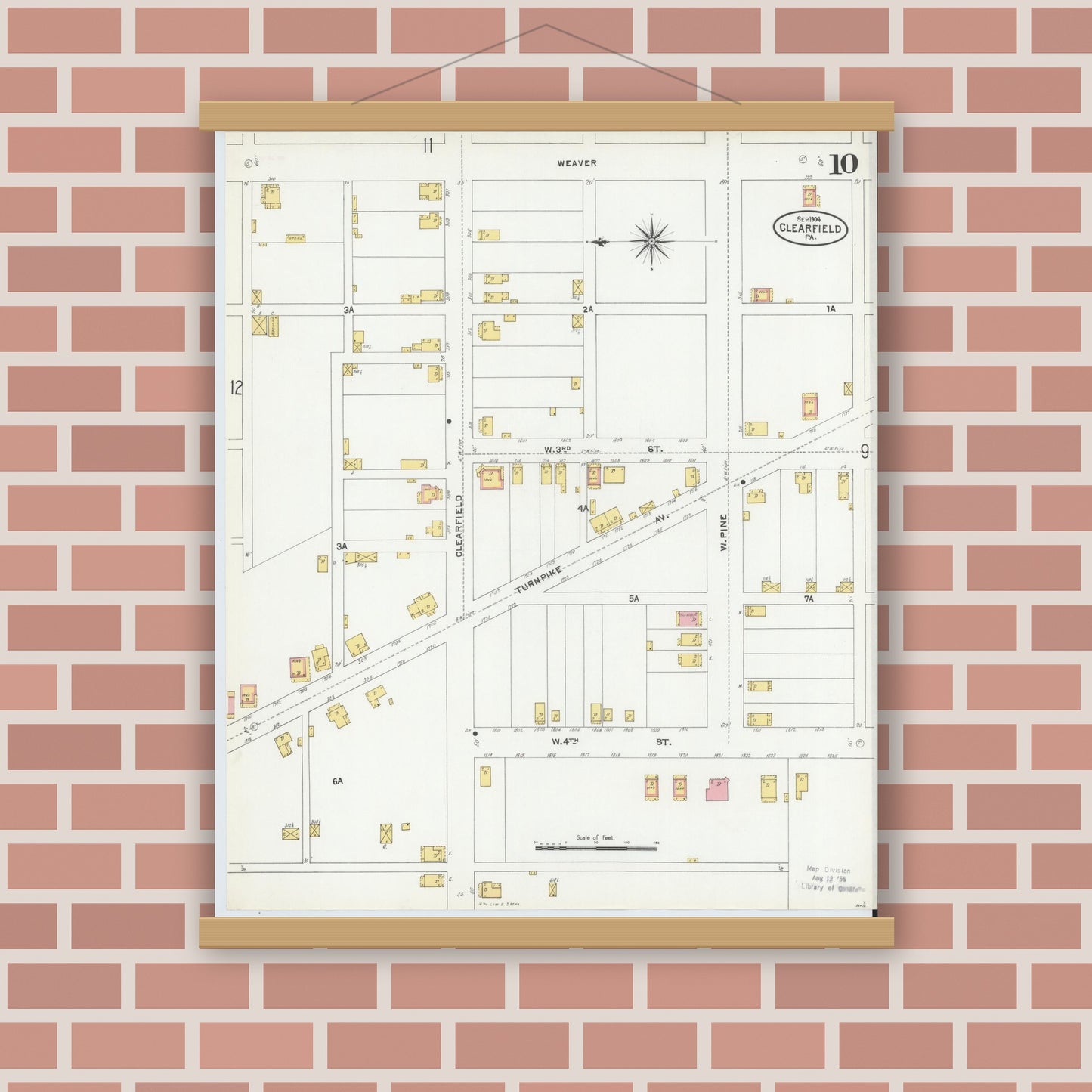 Old map wall art mockup — magnetic wood frame on brick wall — Sanborn Fire Insurance Map from Clearfield, Clearfield County, Pennsylvania (1904), Sheet #0010