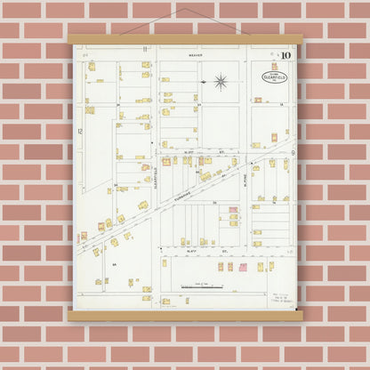 Old map wall art mockup — magnetic wood frame on brick wall — Sanborn Fire Insurance Map from Clearfield, Clearfield County, Pennsylvania (1904), Sheet #0010
