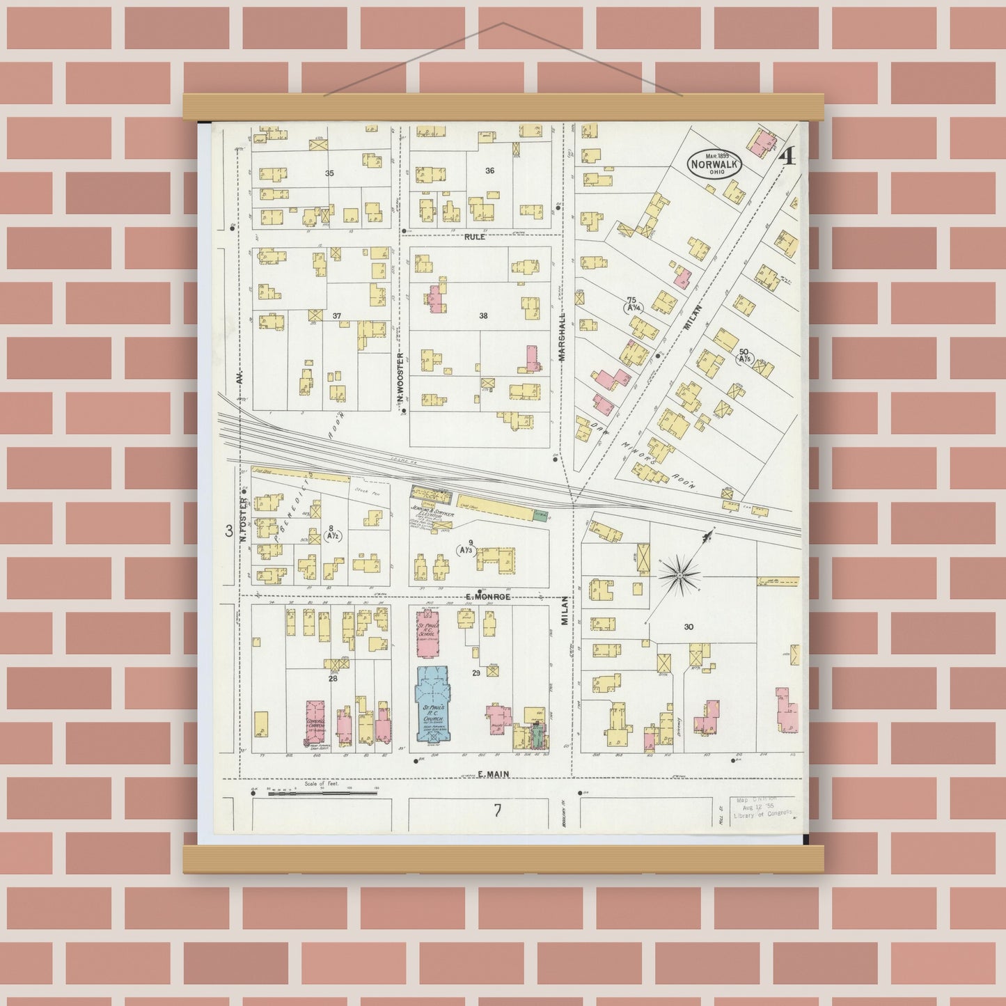 Old map wall art mockup — magnetic wood frame on brick wall — Sanborn Fire Insurance Map from Norwalk, Huron County, Ohio (1899), Sheet #0004