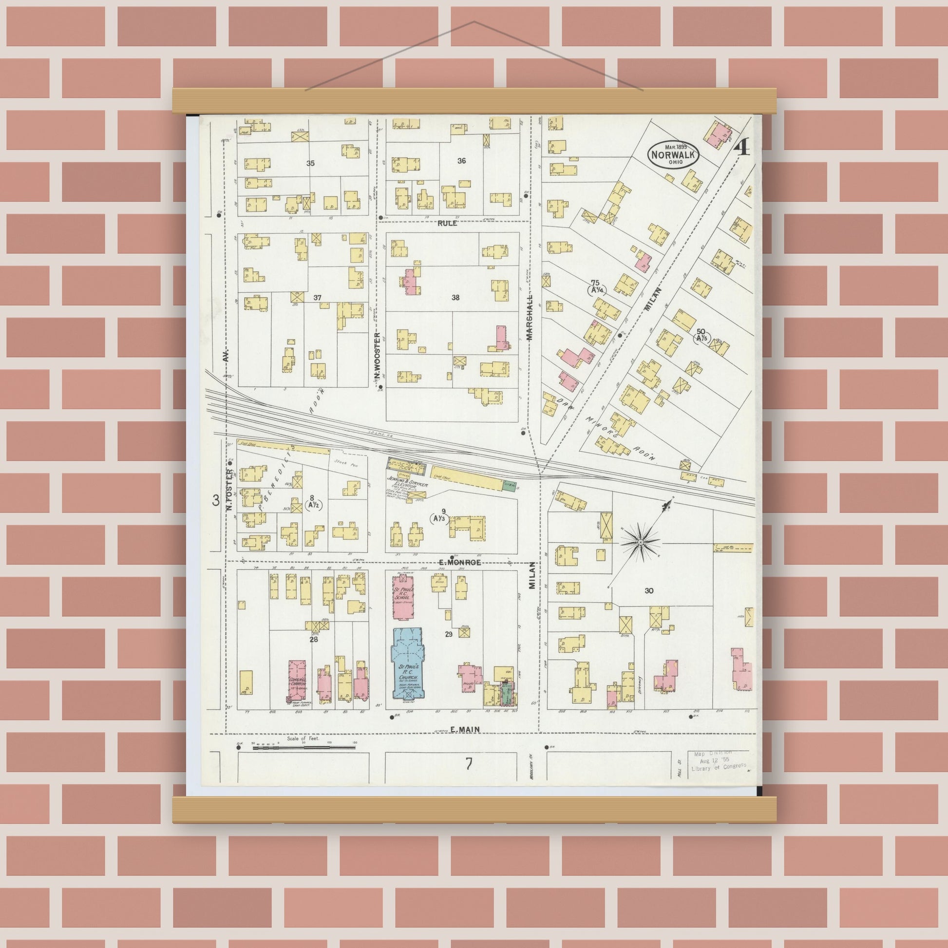 Old map wall art mockup — magnetic wood frame on brick wall — Sanborn Fire Insurance Map from Norwalk, Huron County, Ohio (1899), Sheet #0004
