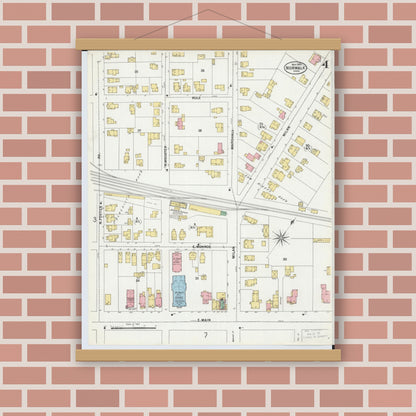 Old map wall art mockup — magnetic wood frame on brick wall — Sanborn Fire Insurance Map from Norwalk, Huron County, Ohio (1899), Sheet #0004