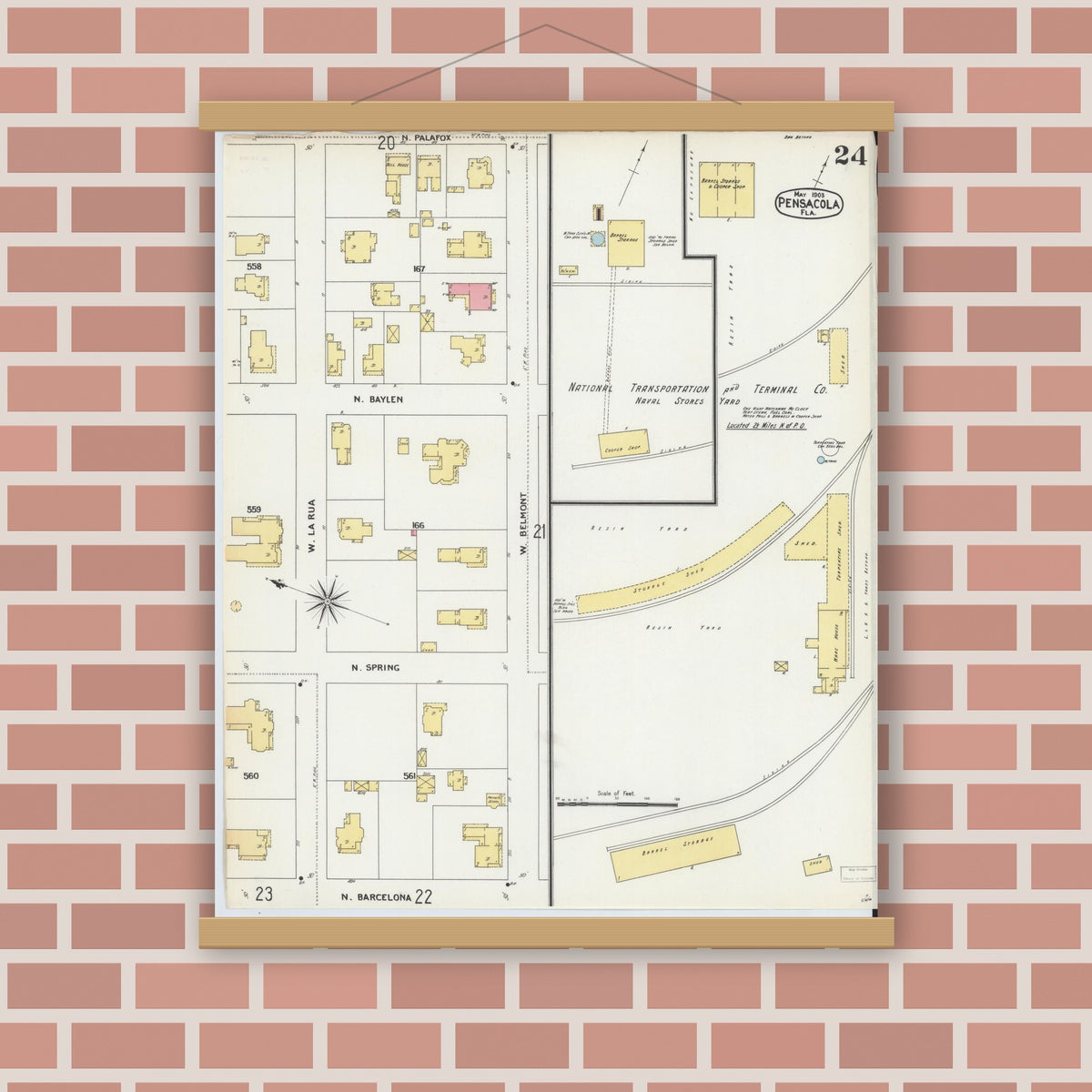 Old map wall art mockup — magnetic wood frame on brick wall — Sanborn Fire Insurance Map from Pensacola, Escambia County, Florida (1903), Sheet #0024