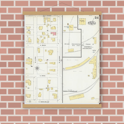 Old map wall art mockup — magnetic wood frame on brick wall — Sanborn Fire Insurance Map from Pensacola, Escambia County, Florida (1903), Sheet #0024