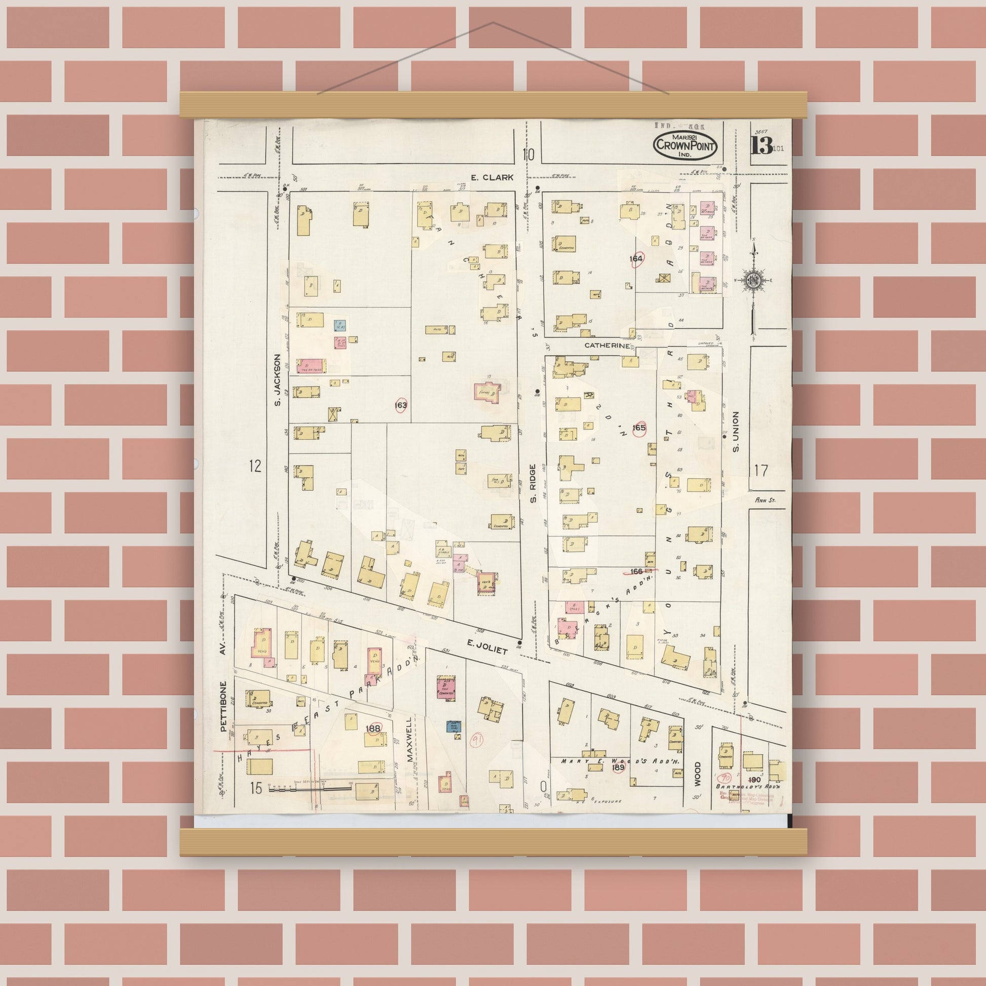 Old map wall art mockup — magnetic wood frame on brick wall — Sanborn Fire Insurance Map from Crown Point, Lake County, Indiana (1948), Sheet #0013