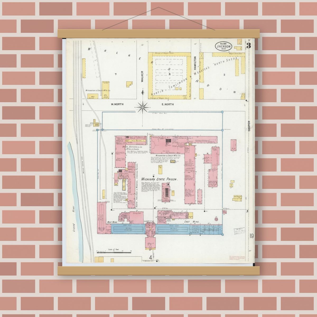 Old map wall art mockup — magnetic wood frame on brick wall — Sanborn Fire Insurance Map from Jackson, Jackson County, Michigan (1899), Sheet #0003