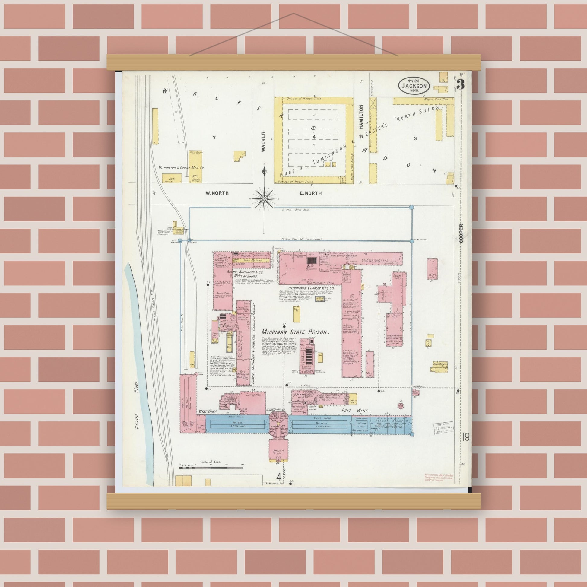 Old map wall art mockup — magnetic wood frame on brick wall — Sanborn Fire Insurance Map from Jackson, Jackson County, Michigan (1899), Sheet #0003