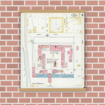 Old map wall art mockup — magnetic wood frame on brick wall — Sanborn Fire Insurance Map from Jackson, Jackson County, Michigan (1899), Sheet #0003