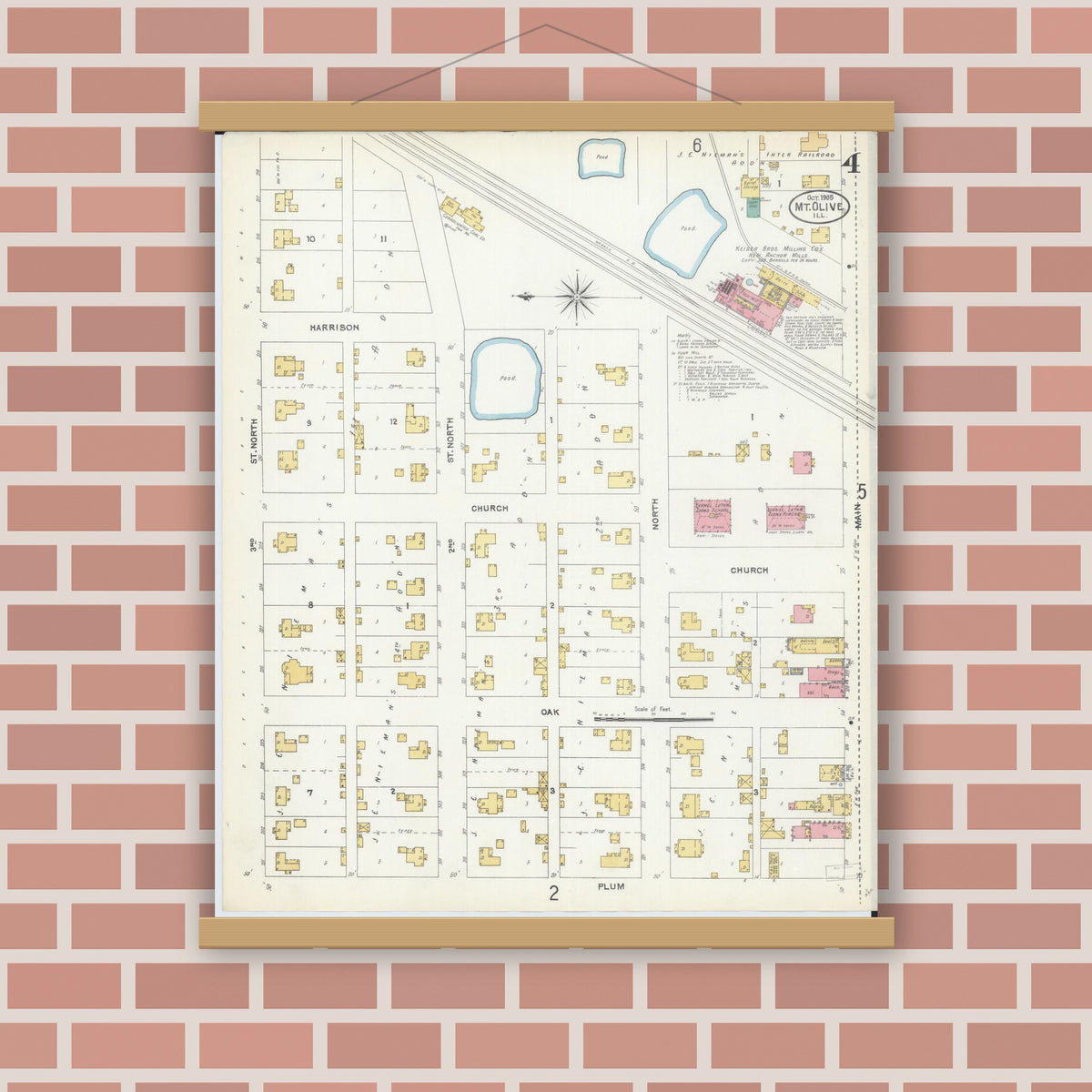 Old map wall art mockup — magnetic wood frame on brick wall — Sanborn Fire Insurance Map from Mount Olive, Macoupin County, Illinois (1905), Sheet #0004