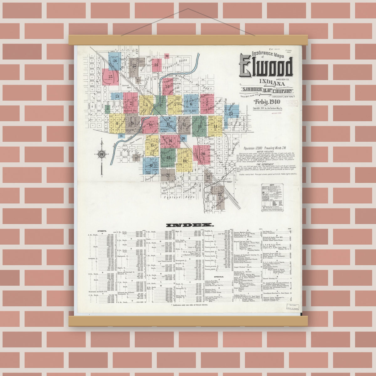 Old map wall art mockup — magnetic wood frame on brick wall — Sanborn Fire Insurance Map from Elwood, Madison County, Indiana (1910) - Complete Map Set