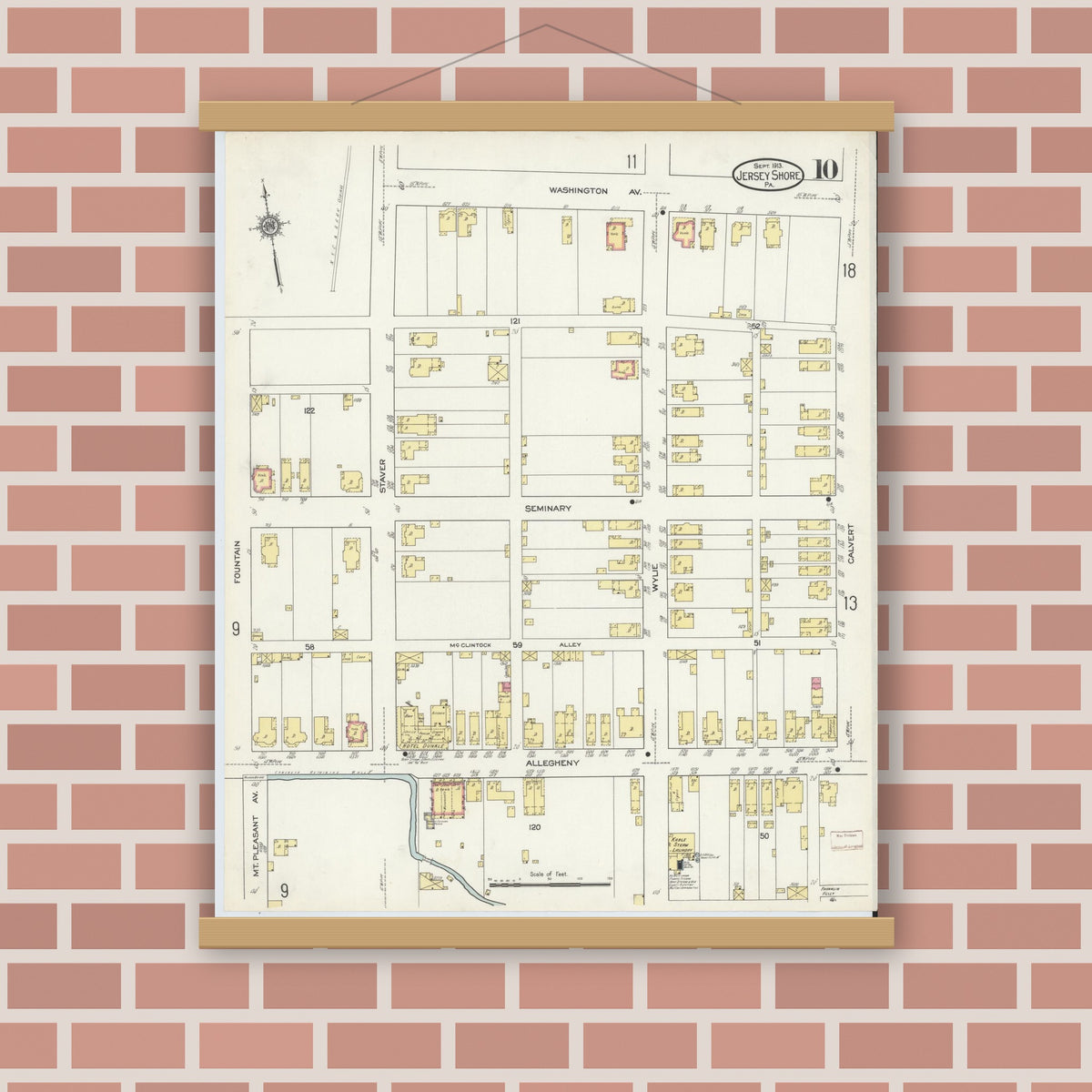 Old map wall art mockup — magnetic wood frame on brick wall — Sanborn Fire Insurance Map from Jersey Shore, Lycoming County, Pennsylvania (1913), Sheet #0010