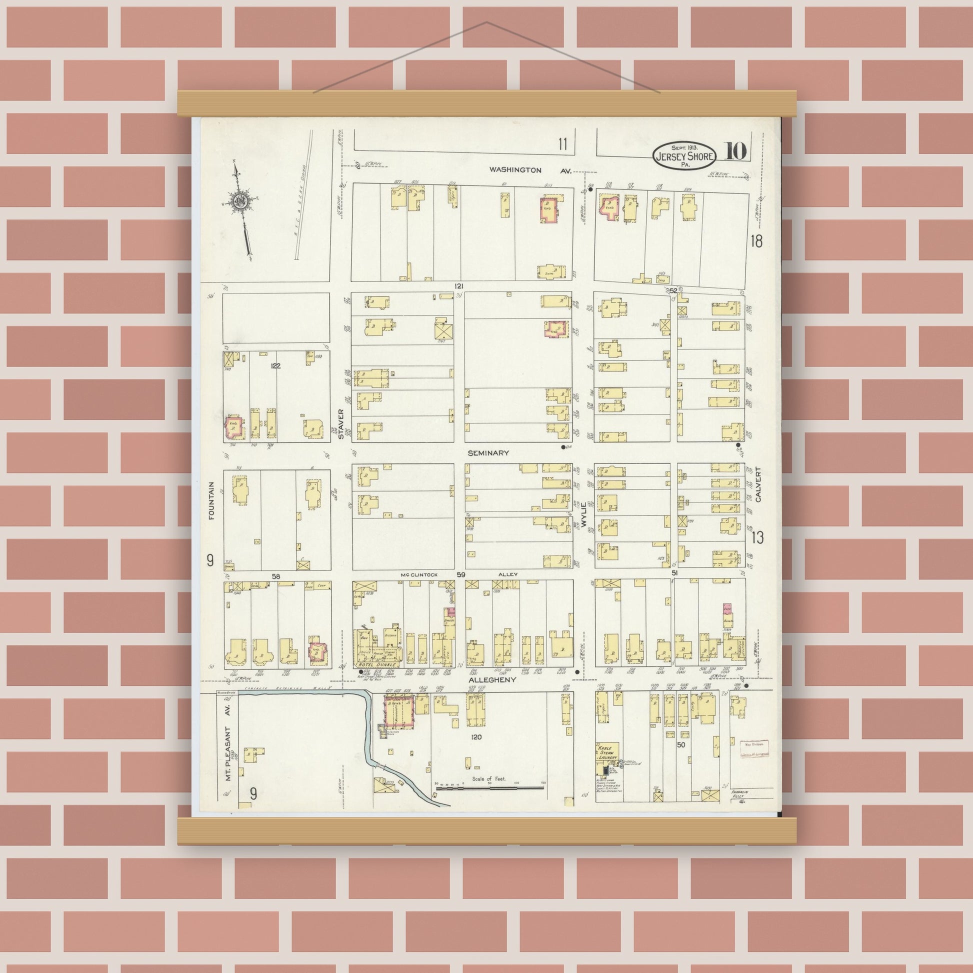 Old map wall art mockup — magnetic wood frame on brick wall — Sanborn Fire Insurance Map from Jersey Shore, Lycoming County, Pennsylvania (1913), Sheet #0010
