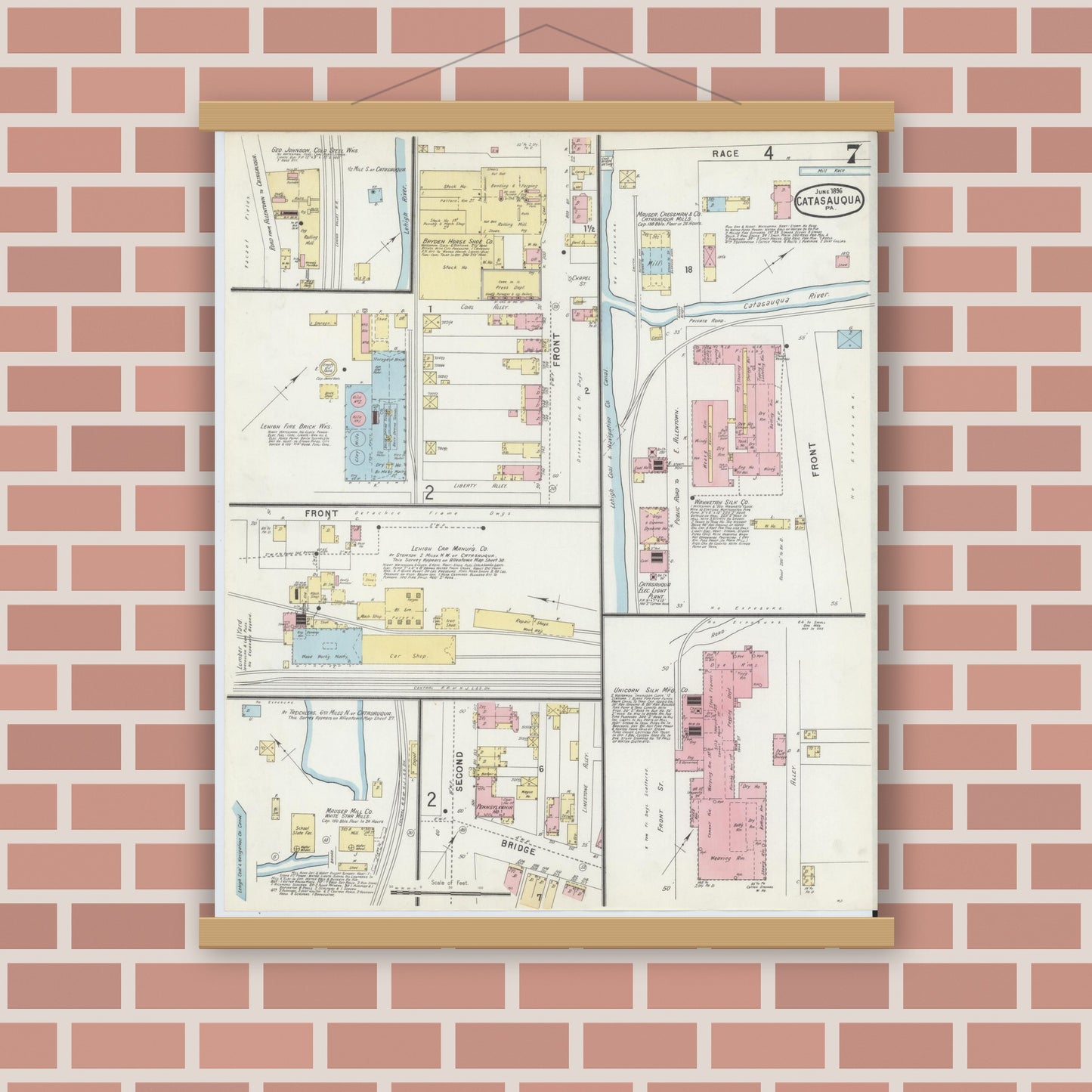Old map wall art mockup — magnetic wood frame on brick wall — Sanborn Fire Insurance Map from Catasauqua, Lehigh County, Pennsylvania (1896), Sheet #0007