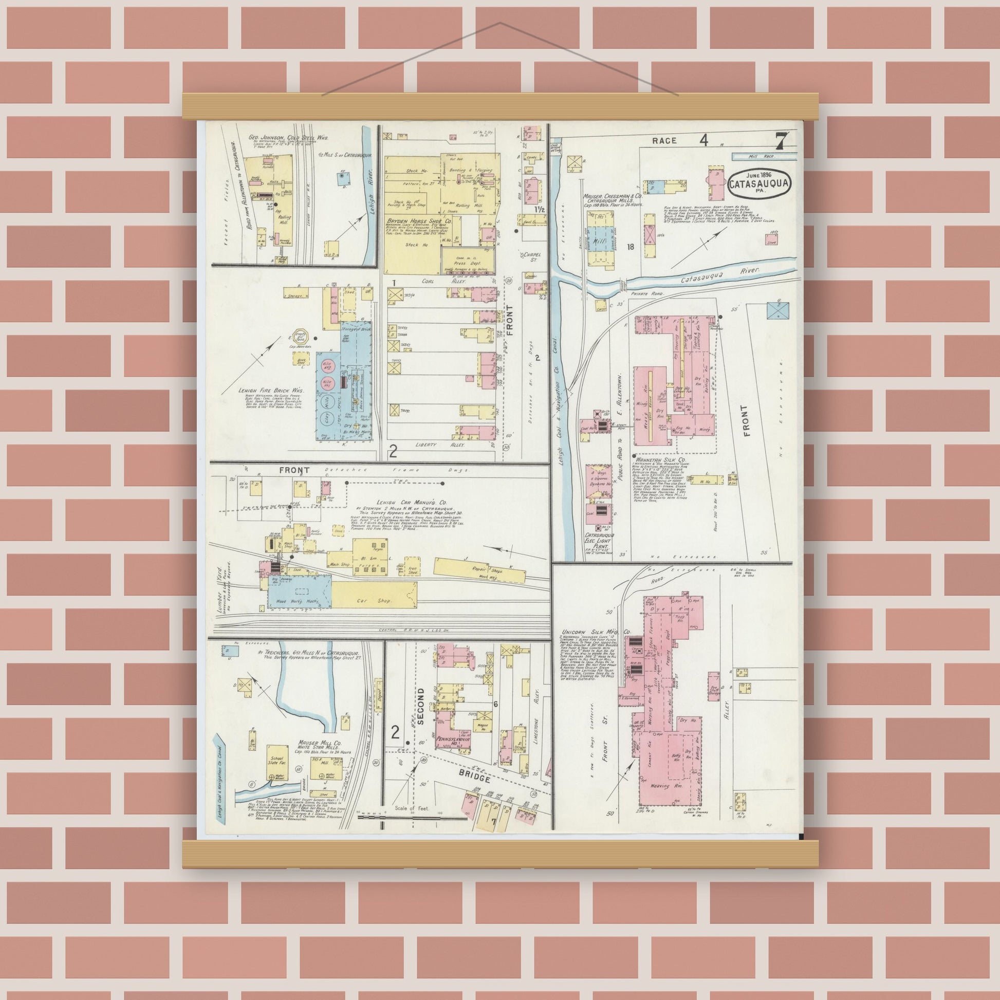 Old map wall art mockup — magnetic wood frame on brick wall — Sanborn Fire Insurance Map from Catasauqua, Lehigh County, Pennsylvania (1896), Sheet #0007