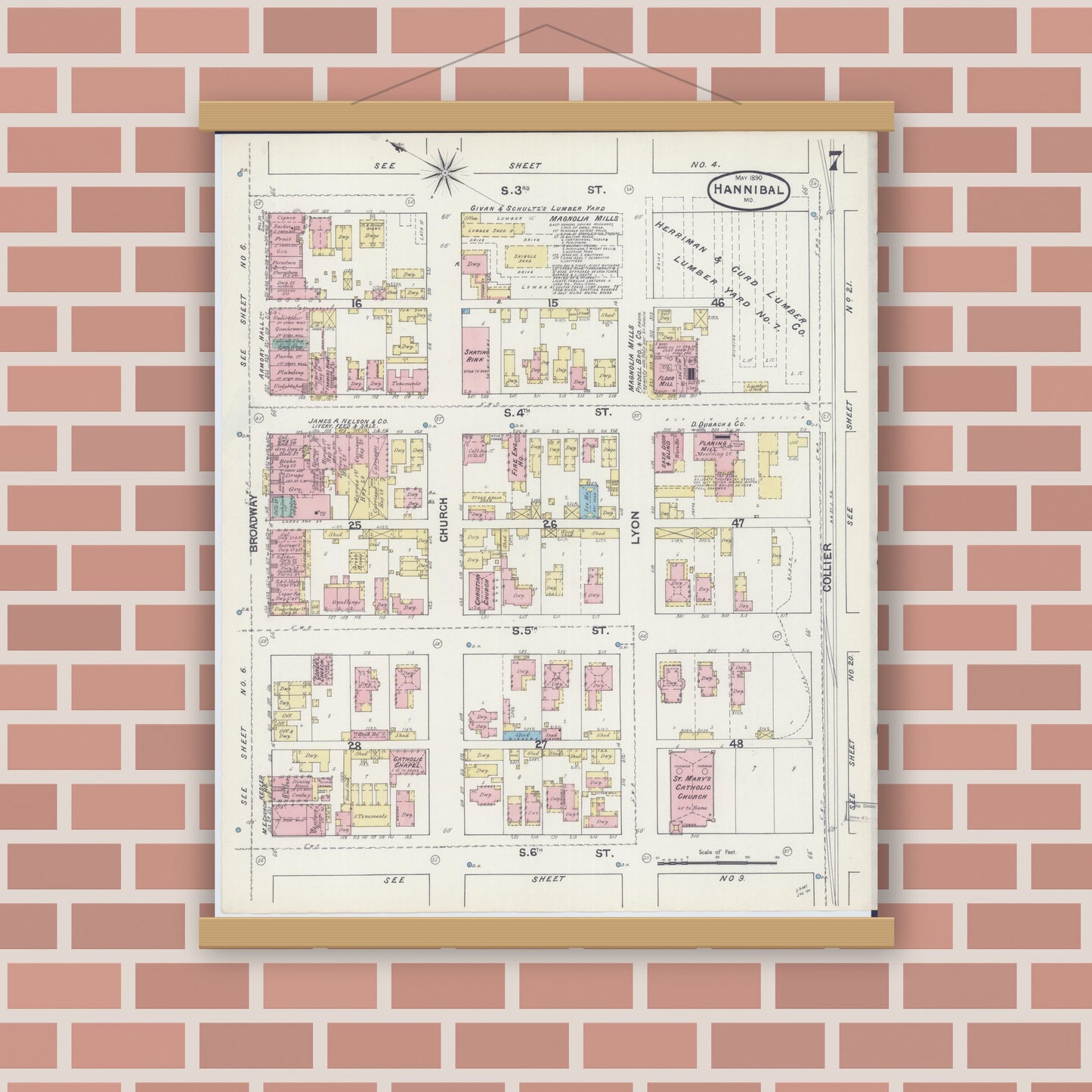 Old map wall art mockup — magnetic wood frame on brick wall — Sanborn Fire Insurance Map from Hannibal, Marion County, Missouri (1890), Sheet #0007