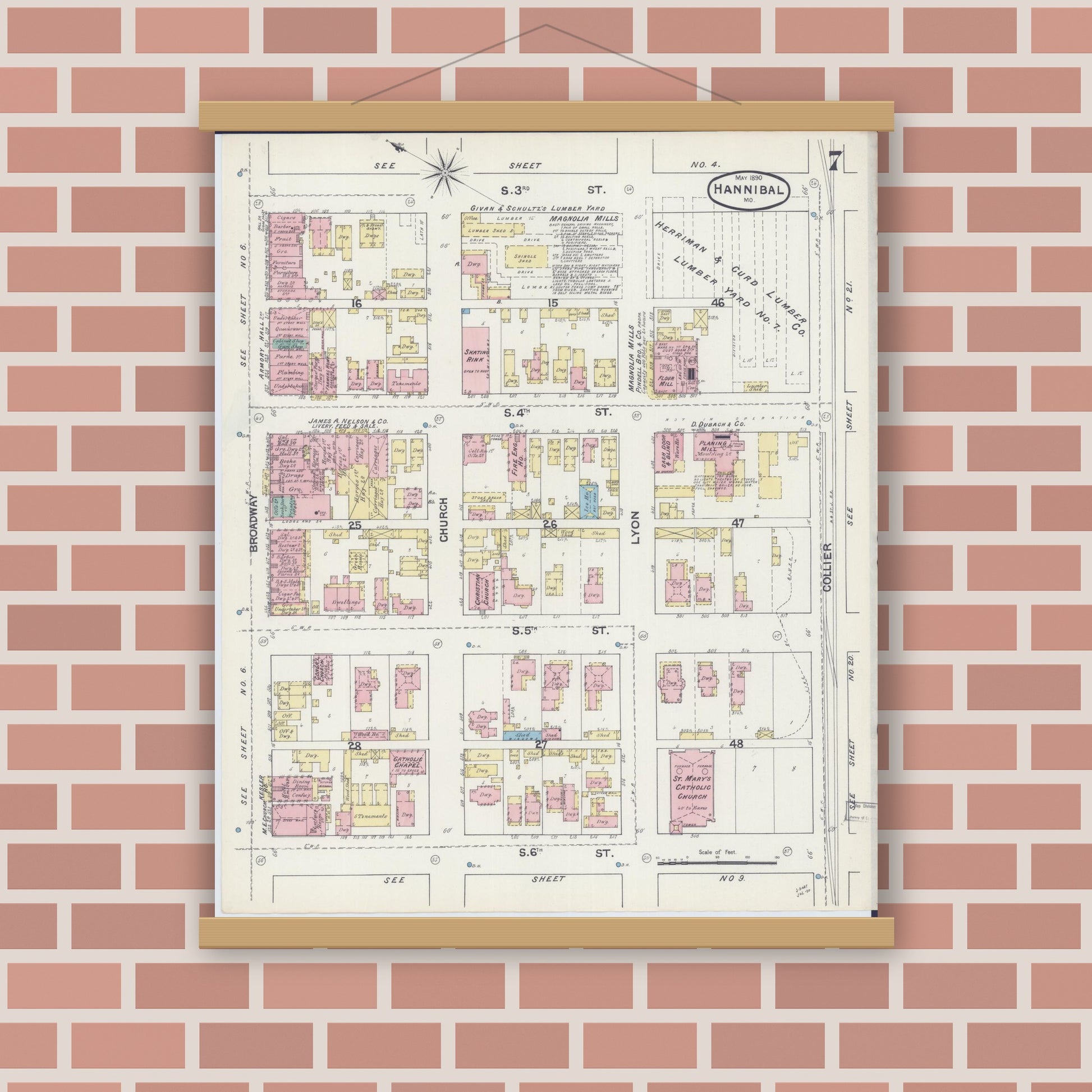 Old map wall art mockup — magnetic wood frame on brick wall — Sanborn Fire Insurance Map from Hannibal, Marion County, Missouri (1890), Sheet #0007