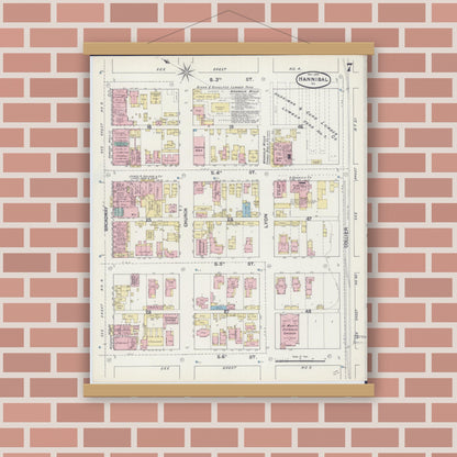 Old map wall art mockup — magnetic wood frame on brick wall — Sanborn Fire Insurance Map from Hannibal, Marion County, Missouri (1890), Sheet #0007