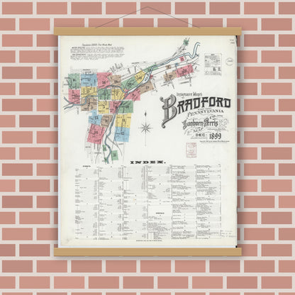 Old map wall art mockup — magnetic wood frame on brick wall — Sanborn Fire Insurance Map from Bradford, McKean County, Pennsylvania (1899), Sheet #0001