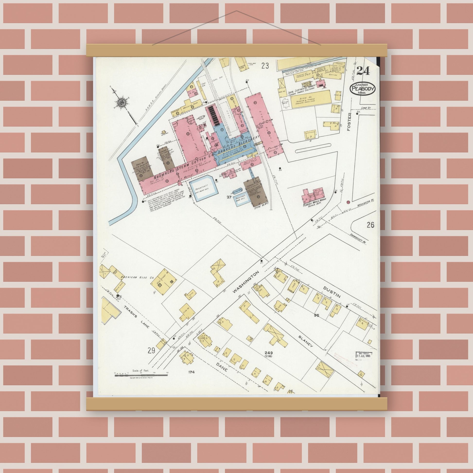 Old map wall art mockup — magnetic wood frame on brick wall — Sanborn Fire Insurance Map from Peabody, Essex County, Massachusetts (1920), Sheet #0024