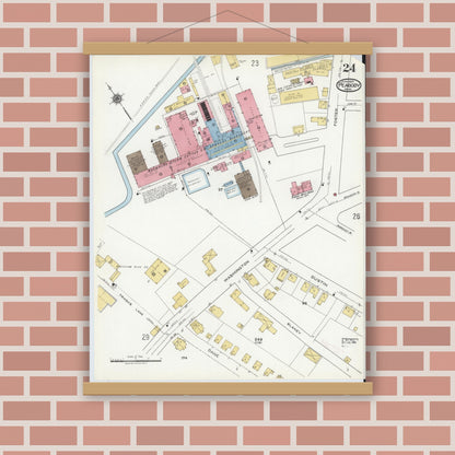 Old map wall art mockup — magnetic wood frame on brick wall — Sanborn Fire Insurance Map from Peabody, Essex County, Massachusetts (1920), Sheet #0024