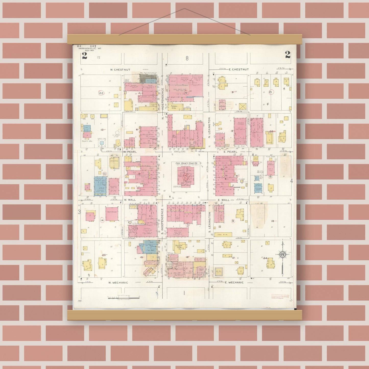 Old map wall art mockup — magnetic wood frame on brick wall — Sanborn Fire Insurance Map from Harrisonville, Cass County, Missouri (1939), Sheet #0002