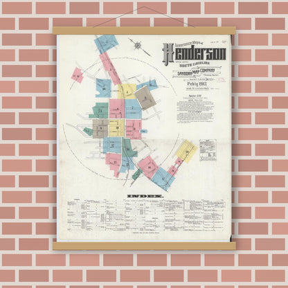 Old map wall art mockup — magnetic wood frame on brick wall — Sanborn Fire Insurance Map from Henderson, Vance County, North Carolina (1912) - Complete Map Set