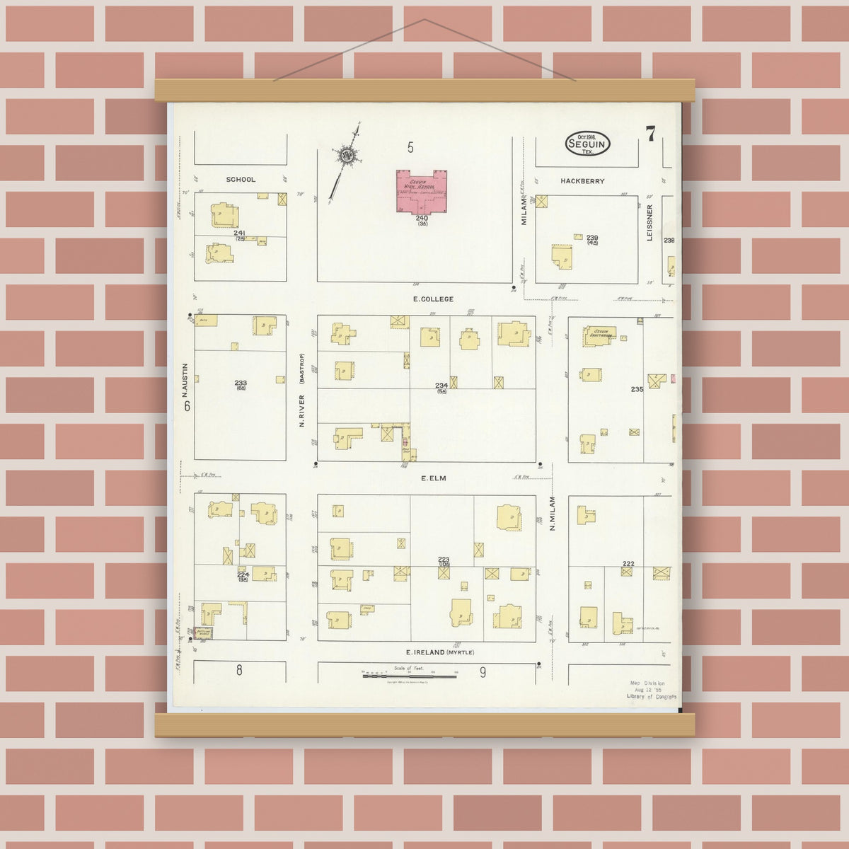Old map wall art mockup — magnetic wood frame on brick wall — Sanborn Fire Insurance Map from Seguin, Guadalupe County, Texas (1916), Sheet #0007