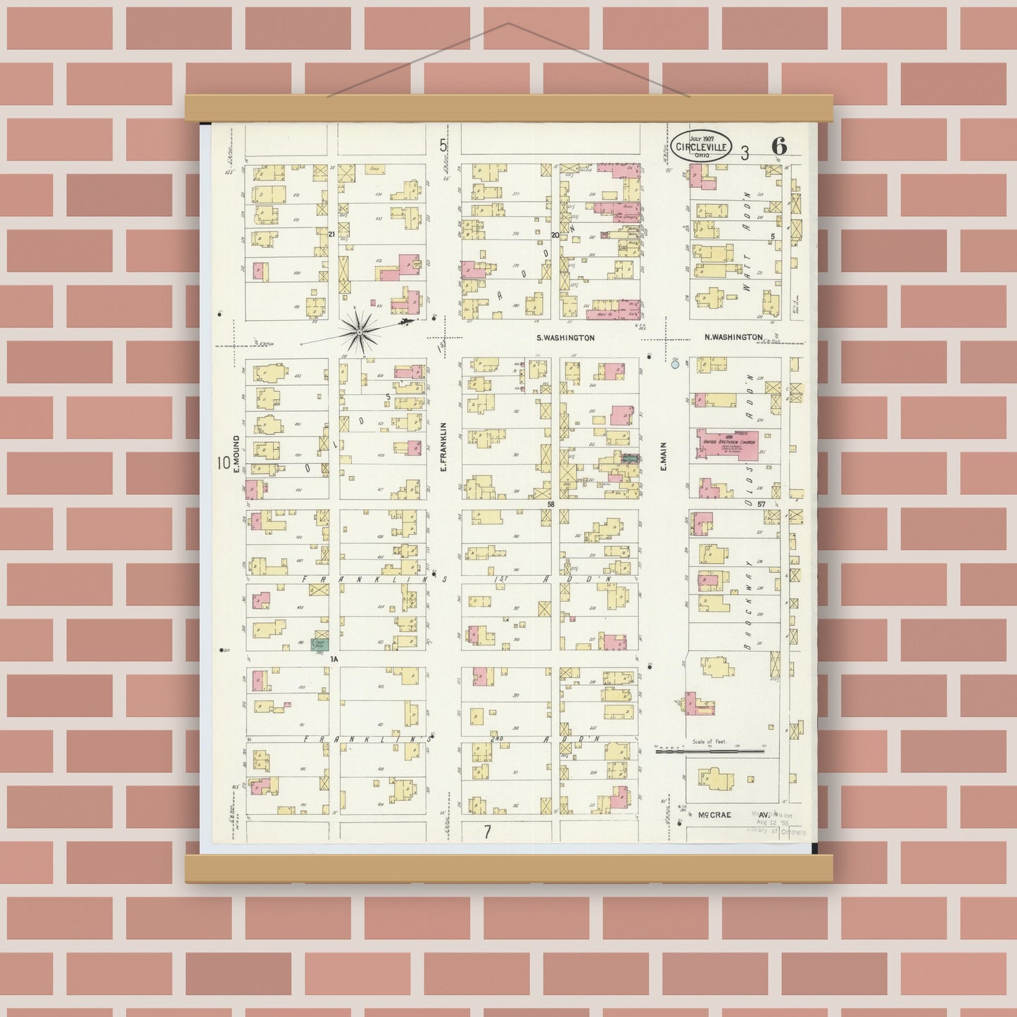 Old map wall art mockup — magnetic wood frame on brick wall — Sanborn Fire Insurance Map from Circleville, Pickaway County, Ohio (1907), Sheet #0006
