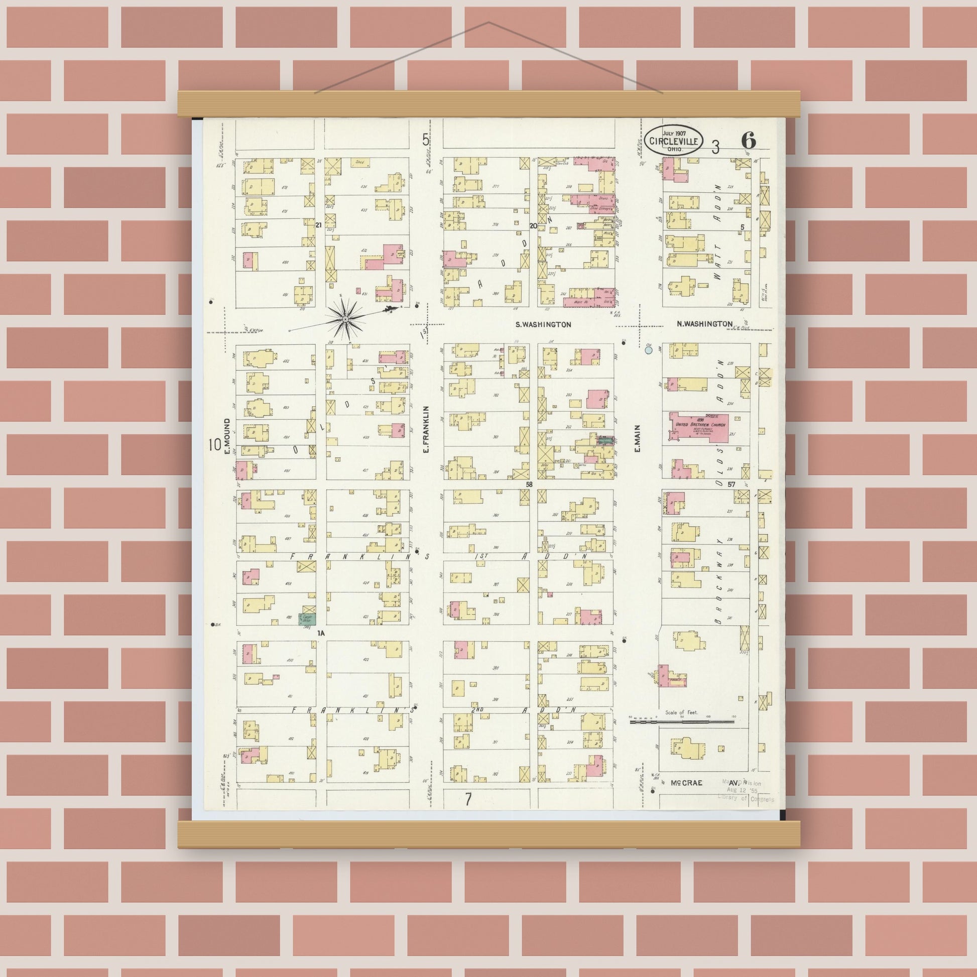 Old map wall art mockup — magnetic wood frame on brick wall — Sanborn Fire Insurance Map from Circleville, Pickaway County, Ohio (1907), Sheet #0006