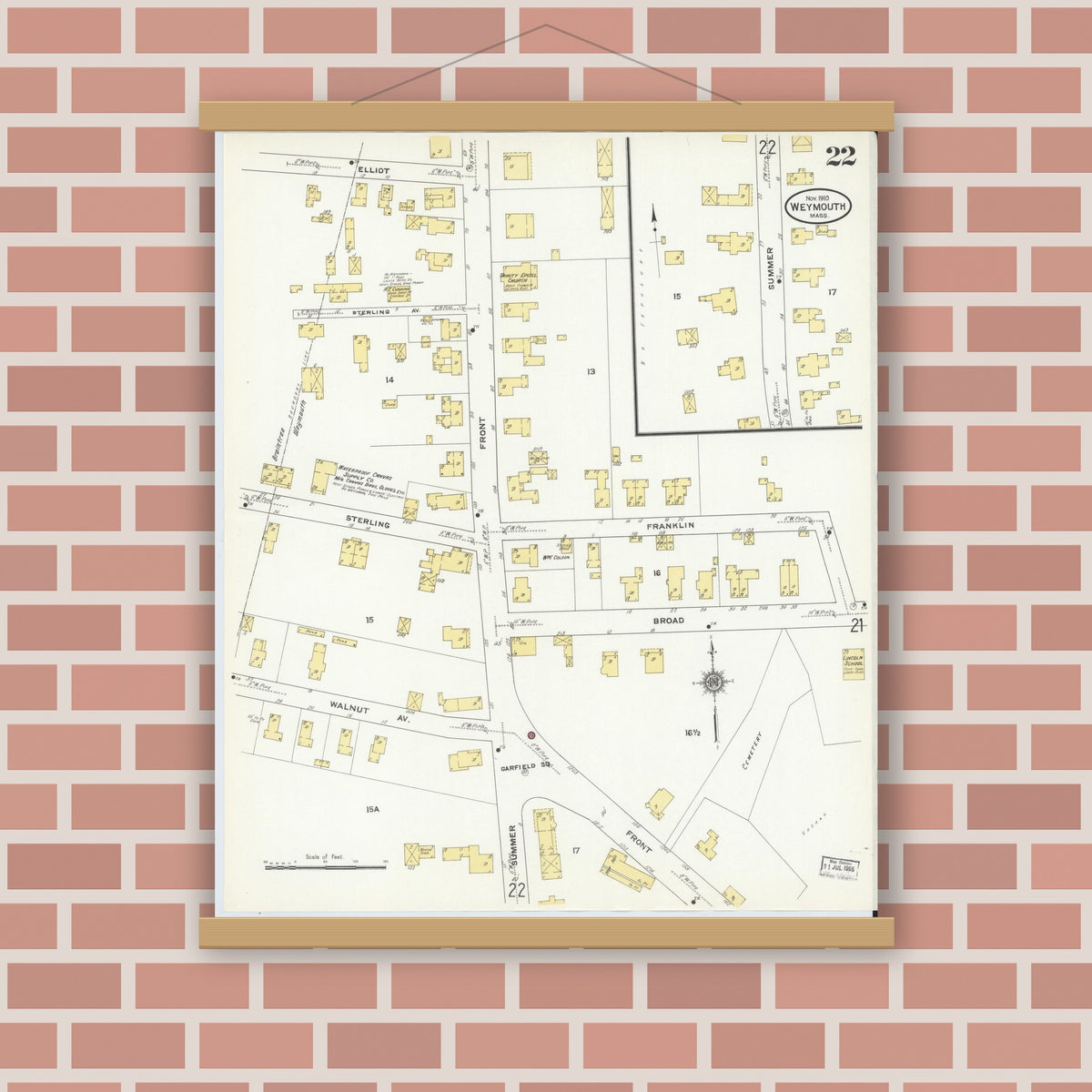 Old map wall art mockup — magnetic wood frame on brick wall — Sanborn Fire Insurance Map from Weymouth, Norfolk County, Massachusetts (1910), Sheet #0022