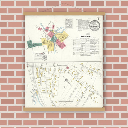 Old map wall art mockup — magnetic wood frame on brick wall — Sanborn Fire Insurance Map from East Pepperell, Middlesex County, Massachusetts (1922), Sheet #0001