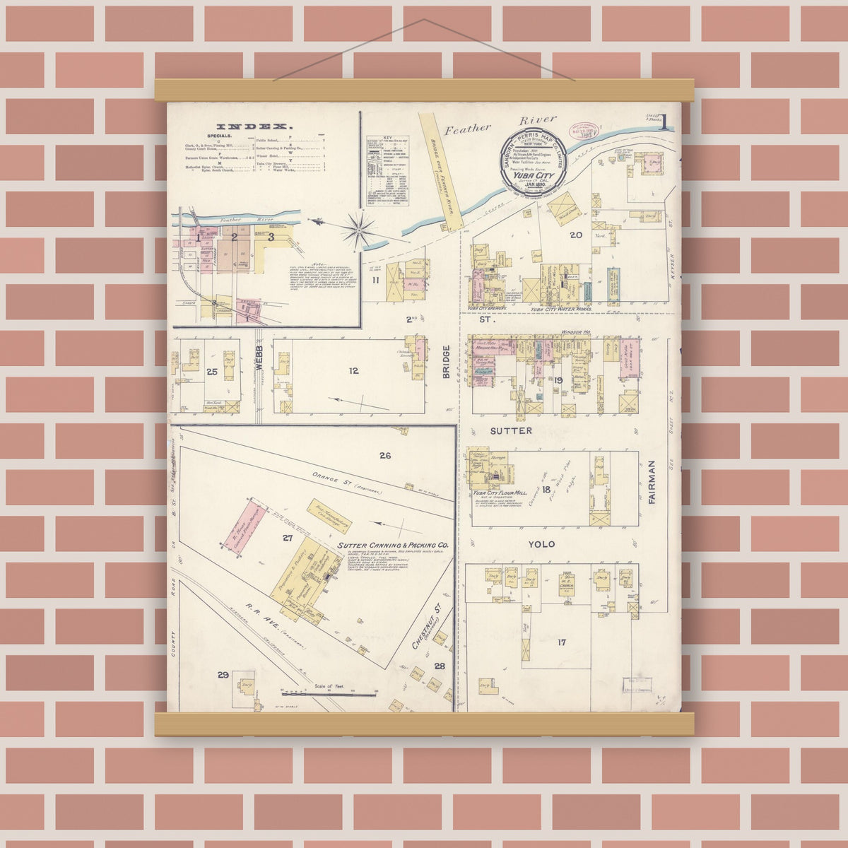Old map wall art mockup — magnetic wood frame on brick wall — Sanborn Fire Insurance Map from Yuba City, Sutter County, California (1890) - Complete Map Set