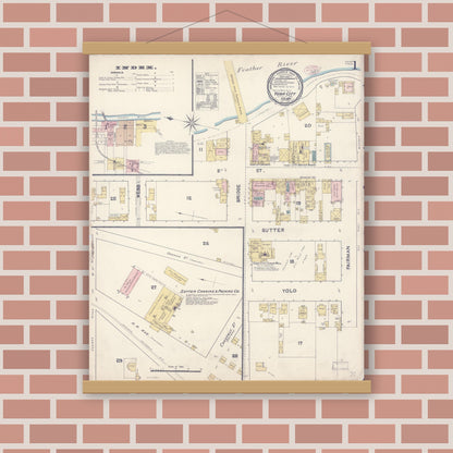 Old map wall art mockup — magnetic wood frame on brick wall — Sanborn Fire Insurance Map from Yuba City, Sutter County, California (1890) - Complete Map Set