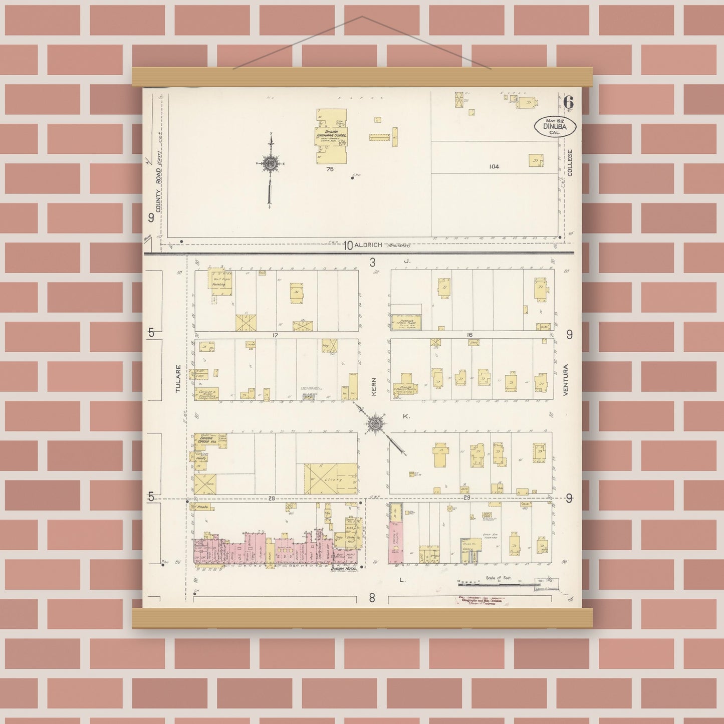 Old map wall art mockup — magnetic wood frame on brick wall — Sanborn Fire Insurance Map from Dinuba, Tulare County, California (1912), Sheet #0006