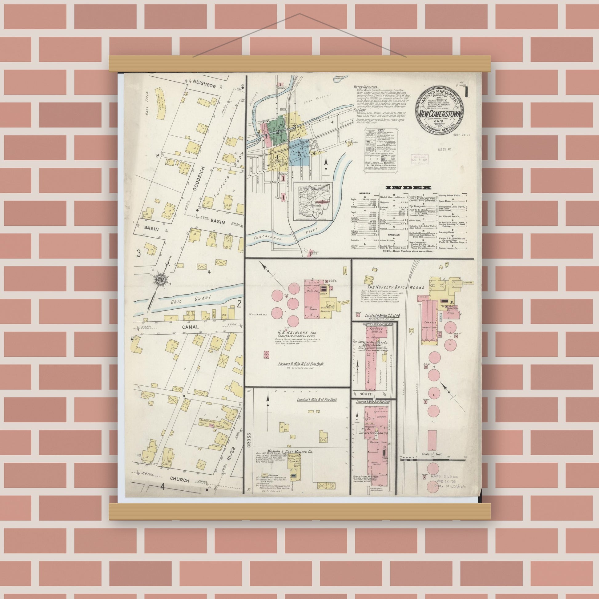 Old map wall art mockup — magnetic wood frame on brick wall — Sanborn Fire Insurance Map from Newcomerstown, Tuscarawas County, Ohio (1915), Sheet #0001
