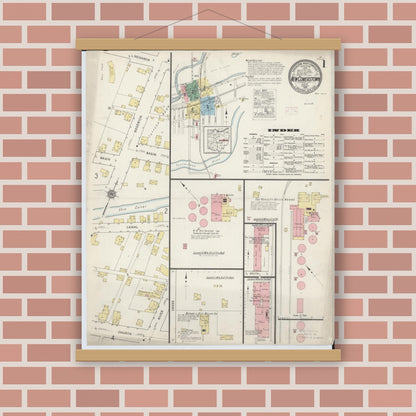 Old map wall art mockup — magnetic wood frame on brick wall — Sanborn Fire Insurance Map from Newcomerstown, Tuscarawas County, Ohio (1915), Sheet #0001