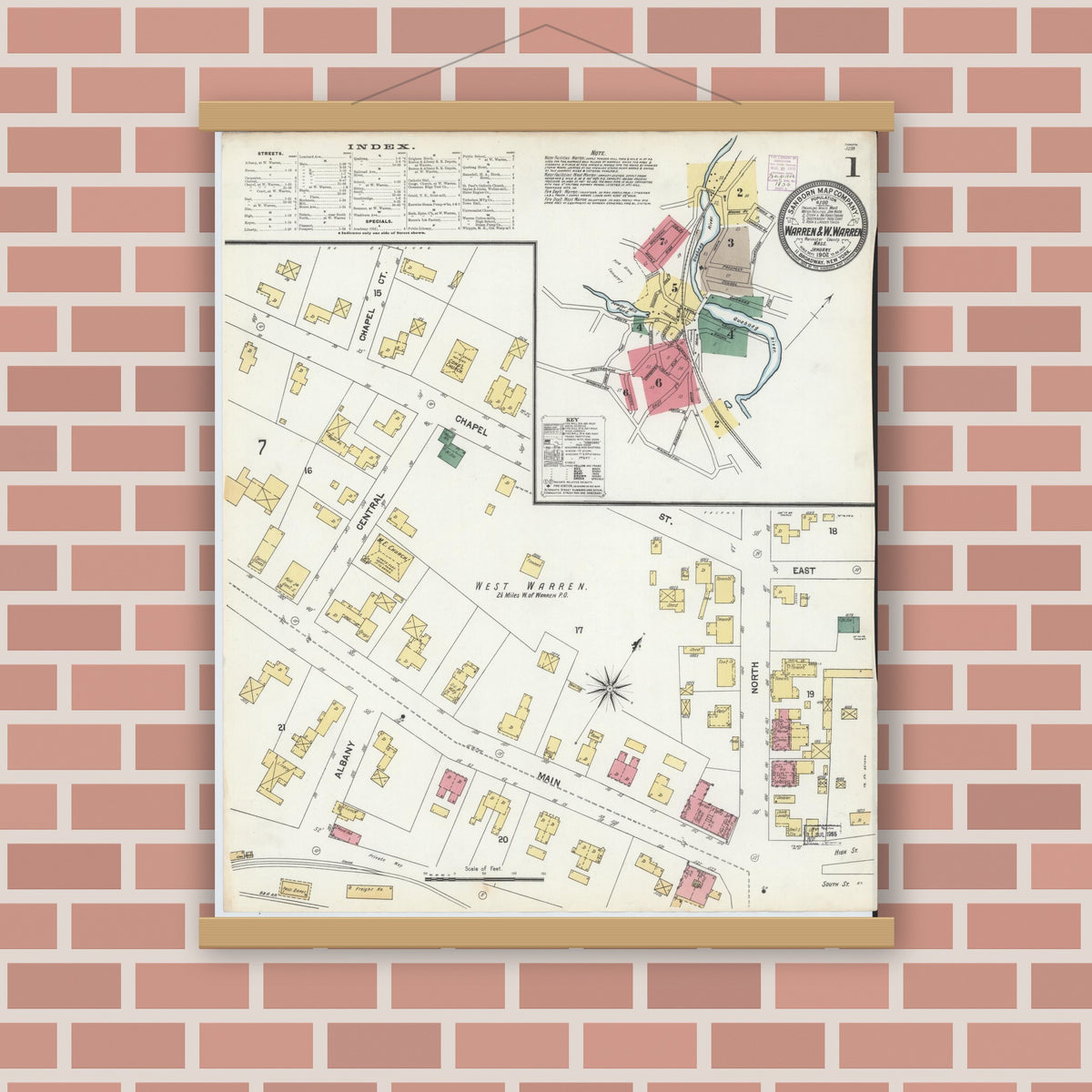 Old map wall art mockup — magnetic wood frame on brick wall — Sanborn Fire Insurance Map from Warren, Worcester County, Massachusetts (1902), Sheet #0001