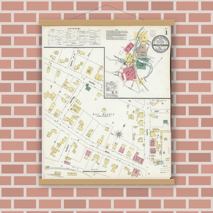 Old map wall art mockup — magnetic wood frame on brick wall — Sanborn Fire Insurance Map from Warren, Worcester County, Massachusetts (1902), Sheet #0001