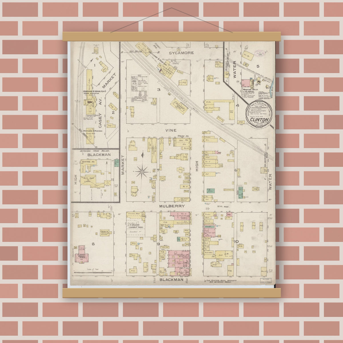Old map wall art mockup — magnetic wood frame on brick wall — Sanborn Fire Insurance Map from Clinton, Vermillion County, Indiana (1886), Sheet #0001