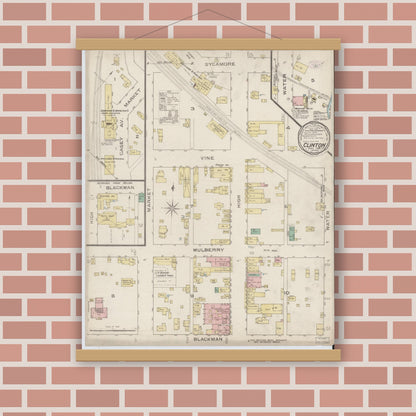 Old map wall art mockup — magnetic wood frame on brick wall — Sanborn Fire Insurance Map from Clinton, Vermillion County, Indiana (1886), Sheet #0001