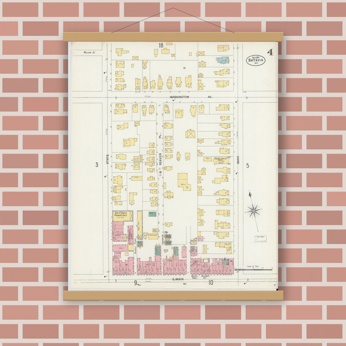 Old map wall art mockup — magnetic wood frame on brick wall — Sanborn Fire Insurance Map from Batavia, Genesee County, New York (1901), Sheet #0004